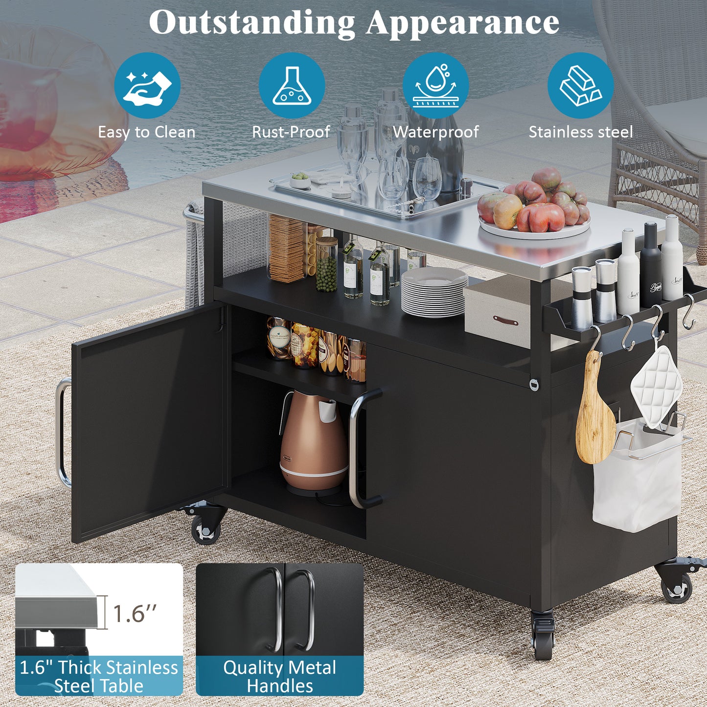 54.5" Outdoor Kitchen Island with Stainless Steel Tabletop, Metal Grill Cart Table with Storage Cabinet, Spice Rack and Towel Rack, Outdoor Bar Cart with 4 Lockable Wheels for Outside BBQ
