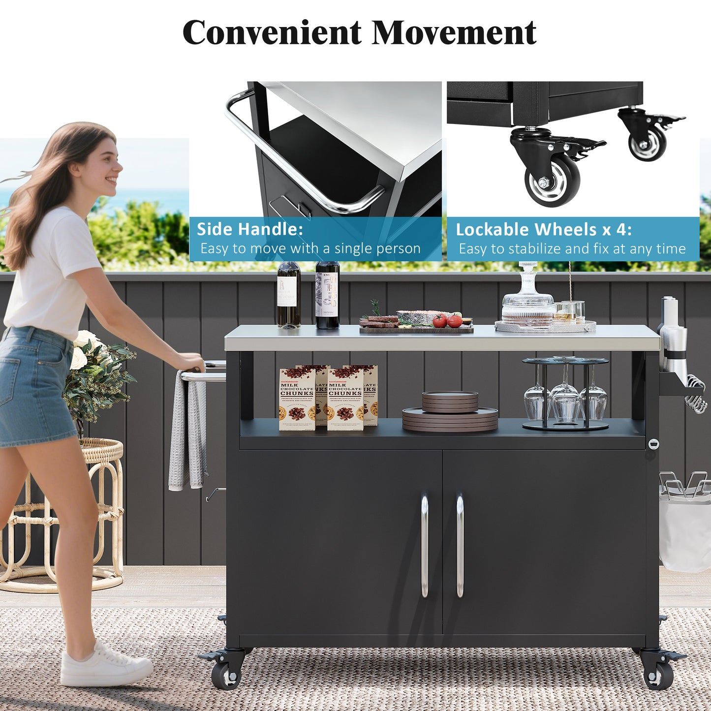 54.5" Outdoor Kitchen Island with Stainless Steel Tabletop, Metal Grill Cart Table with Storage Cabinet, Spice Rack and Towel Rack, Outdoor Bar Cart with 4 Lockable Wheels for Outside BBQ