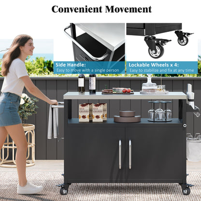 54.5" Outdoor Kitchen Island with Stainless Steel Tabletop, Metal Grill Cart Table with Storage Cabinet, Spice Rack and Towel Rack, Outdoor Bar Cart with 4 Lockable Wheels for Outside BBQ