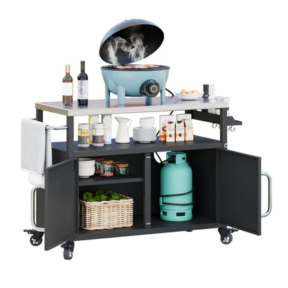 54.5" Outdoor Kitchen Island with Stainless Steel Tabletop, Metal Grill Cart Table with Storage Cabinet, Spice Rack and Towel Rack, Outdoor Bar Cart with 4 Lockable Wheels for Outside BBQ