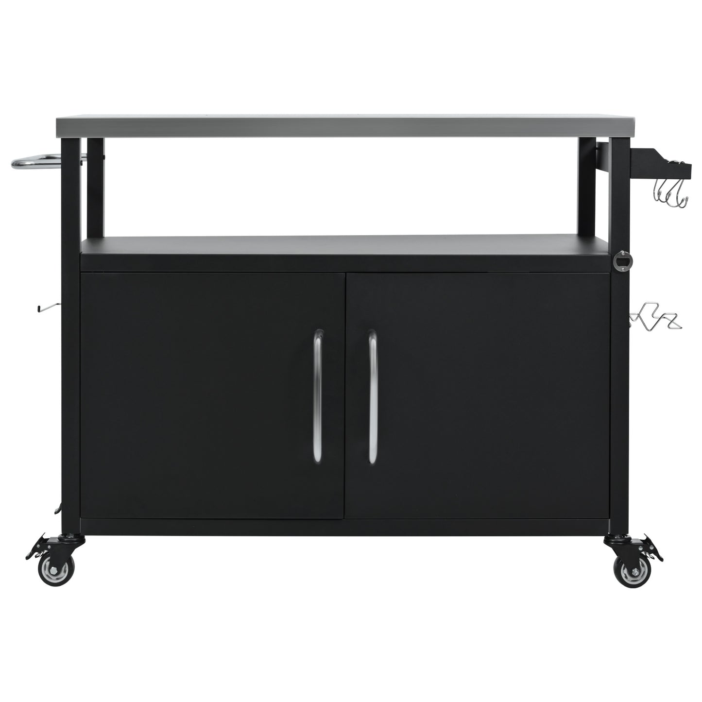 54.5" Outdoor Kitchen Island with Stainless Steel Tabletop, Metal Grill Cart Table with Storage Cabinet, Spice Rack and Towel Rack, Outdoor Bar Cart with 4 Lockable Wheels for Outside BBQ