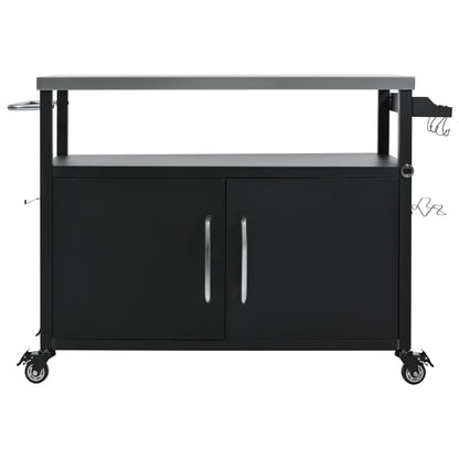 54.5" Outdoor Kitchen Island with Stainless Steel Tabletop, Metal Grill Cart Table with Storage Cabinet, Spice Rack and Towel Rack, Outdoor Bar Cart with 4 Lockable Wheels for Outside BBQ