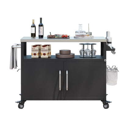 54.5" Outdoor Kitchen Island with Stainless Steel Tabletop, Metal Grill Cart Table with Storage Cabinet, Spice Rack and Towel Rack, Outdoor Bar Cart with 4 Lockable Wheels for Outside BBQ