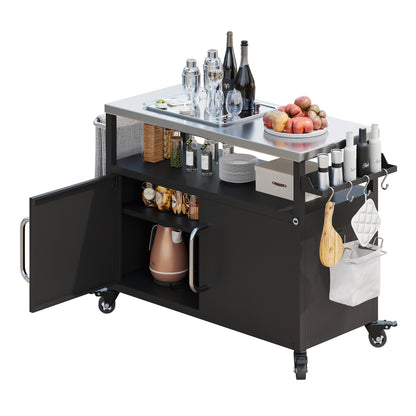 54.5" Outdoor Kitchen Island with Stainless Steel Tabletop, Metal Grill Cart Table with Storage Cabinet, Spice Rack and Towel Rack, Outdoor Bar Cart with 4 Lockable Wheels for Outside BBQ