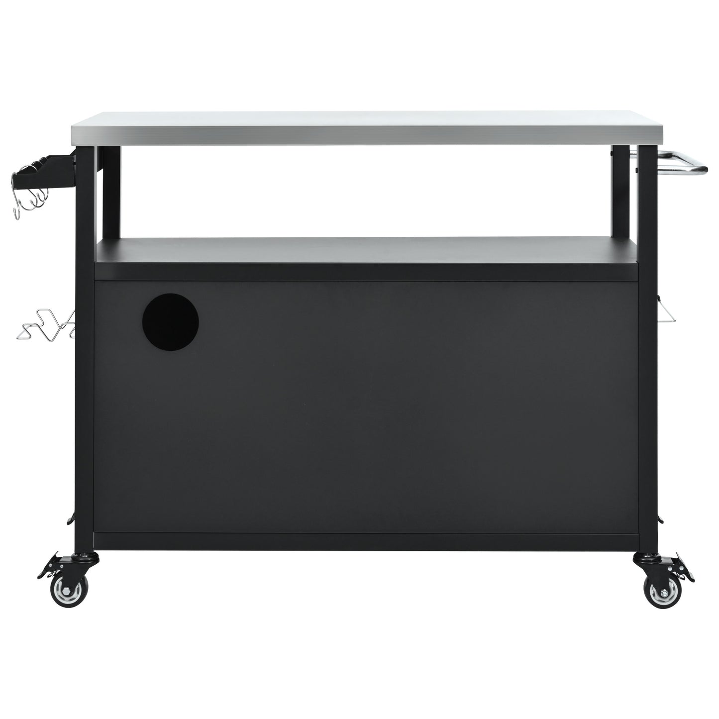 54.5" Outdoor Kitchen Island with Stainless Steel Tabletop, Metal Grill Cart Table with Storage Cabinet, Spice Rack and Towel Rack, Outdoor Bar Cart with 4 Lockable Wheels for Outside BBQ