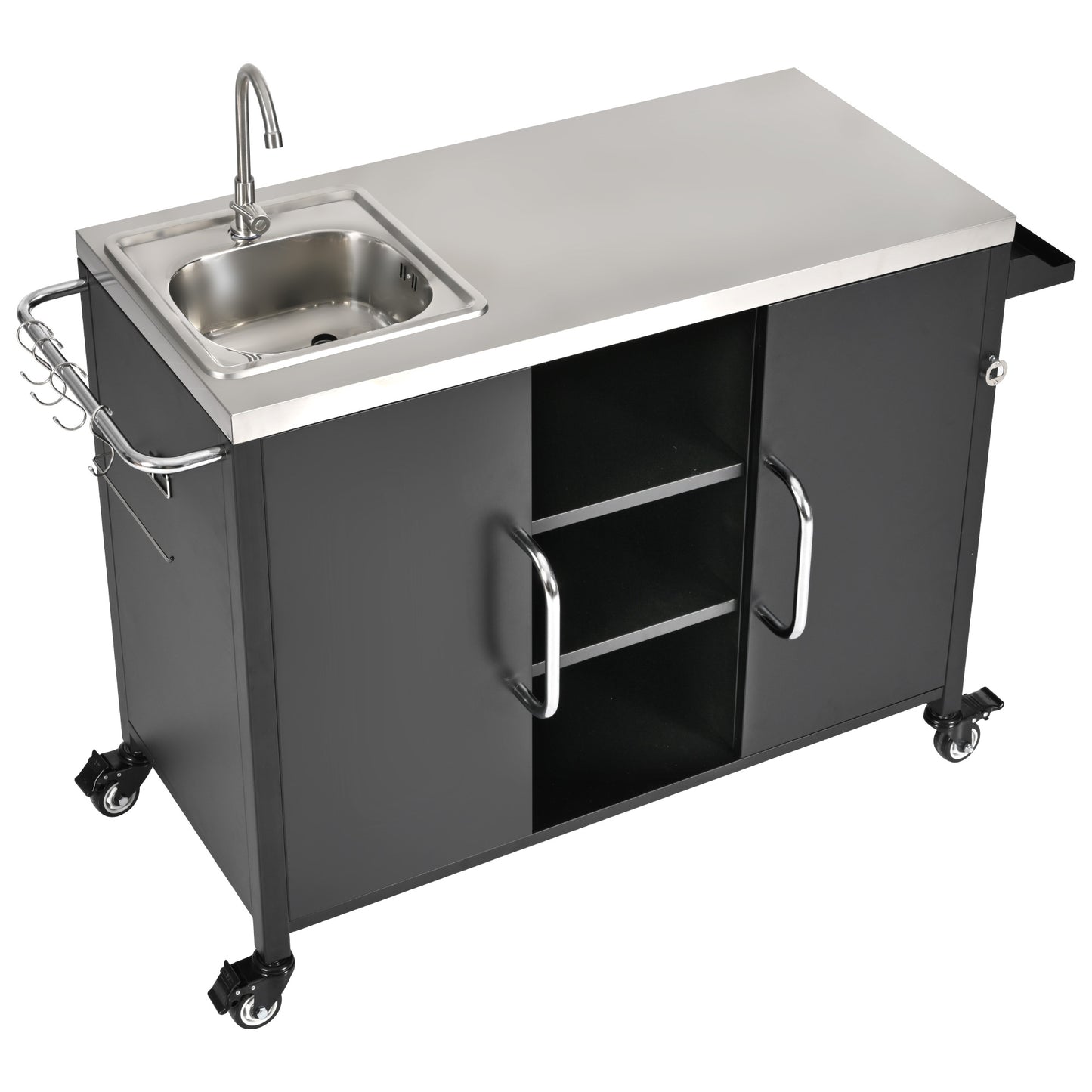 55.5" Outdoor Kitchen Island with Sink, Metal Grill Cart Table with 304 Stainless Steel Sink, Outdoor Bar Cart Sink Station with 4 Lockable Wheels for Pizza Prep & BBQ, L 55.5" x W 20" H 36.7