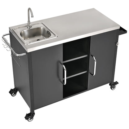55.5" Outdoor Kitchen Island with Sink, Metal Grill Cart Table with 304 Stainless Steel Sink, Outdoor Bar Cart Sink Station with 4 Lockable Wheels for Pizza Prep & BBQ, L 55.5" x W 20" H 36.7
