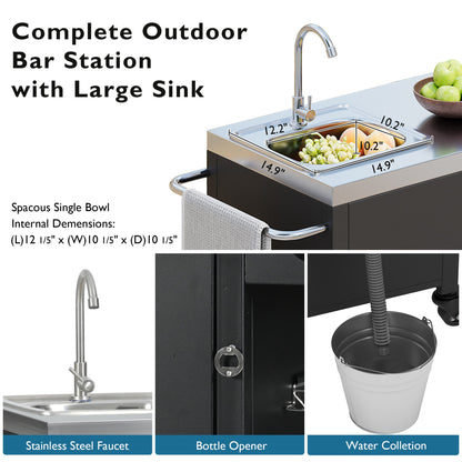 55.5" Outdoor Kitchen Island with Sink, Metal Grill Cart Table with 304 Stainless Steel Sink, Outdoor Bar Cart Sink Station with 4 Lockable Wheels for Pizza Prep & BBQ, L 55.5" x W 20" H 36.7