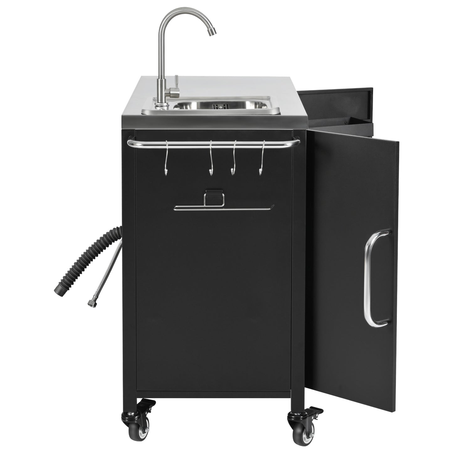 55.5" Outdoor Kitchen Island with Sink, Metal Grill Cart Table with 304 Stainless Steel Sink, Outdoor Bar Cart Sink Station with 4 Lockable Wheels for Pizza Prep & BBQ, L 55.5" x W 20" H 36.7