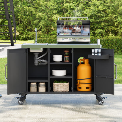 55.5" Outdoor Kitchen Island with Sink, Metal Grill Cart Table with 304 Stainless Steel Sink, Outdoor Bar Cart Sink Station with 4 Lockable Wheels for Pizza Prep & BBQ, L 55.5" x W 20" H 36.7