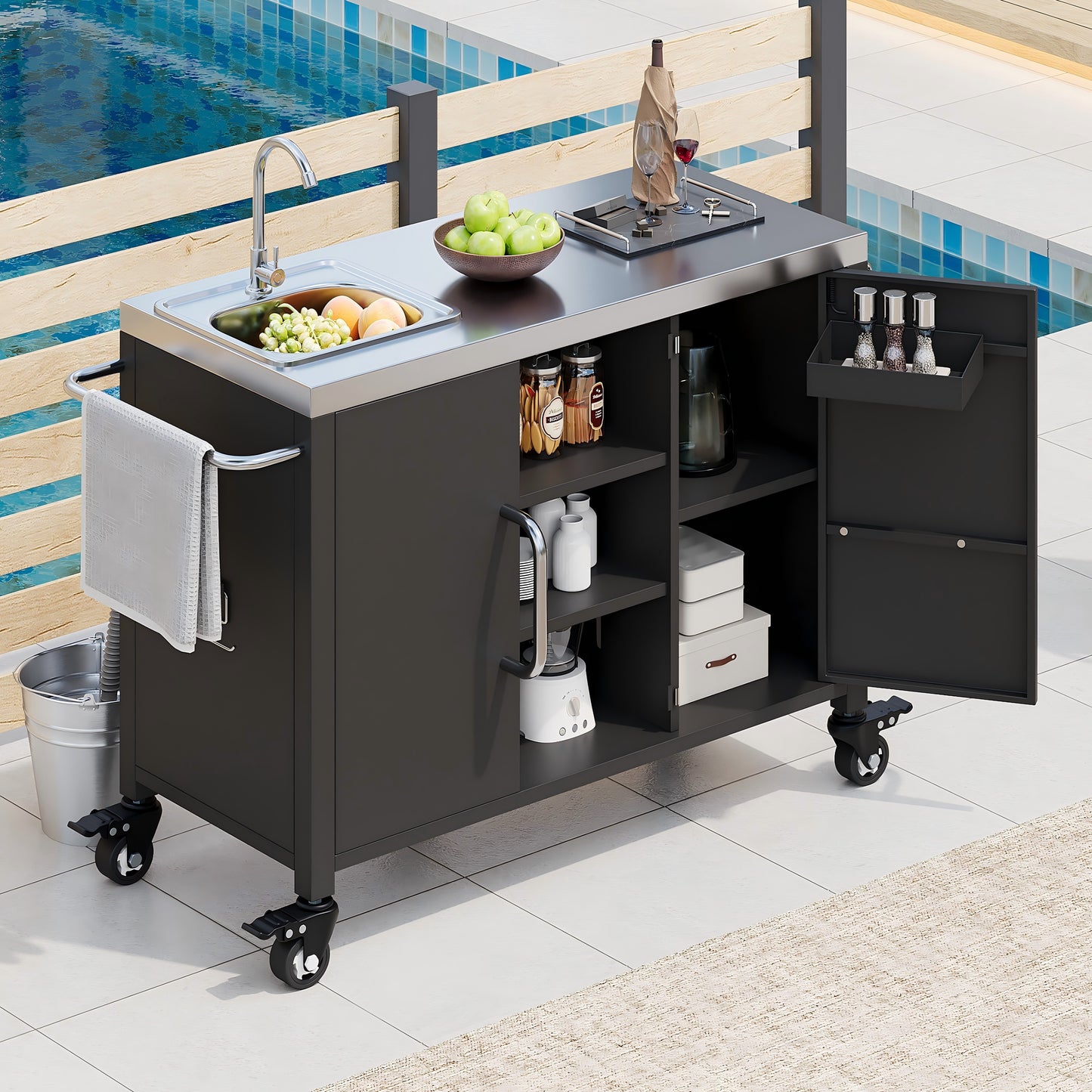 55.5" Outdoor Kitchen Island with Sink, Metal Grill Cart Table with 304 Stainless Steel Sink, Outdoor Bar Cart Sink Station with 4 Lockable Wheels for Pizza Prep & BBQ, L 55.5" x W 20" H 36.7