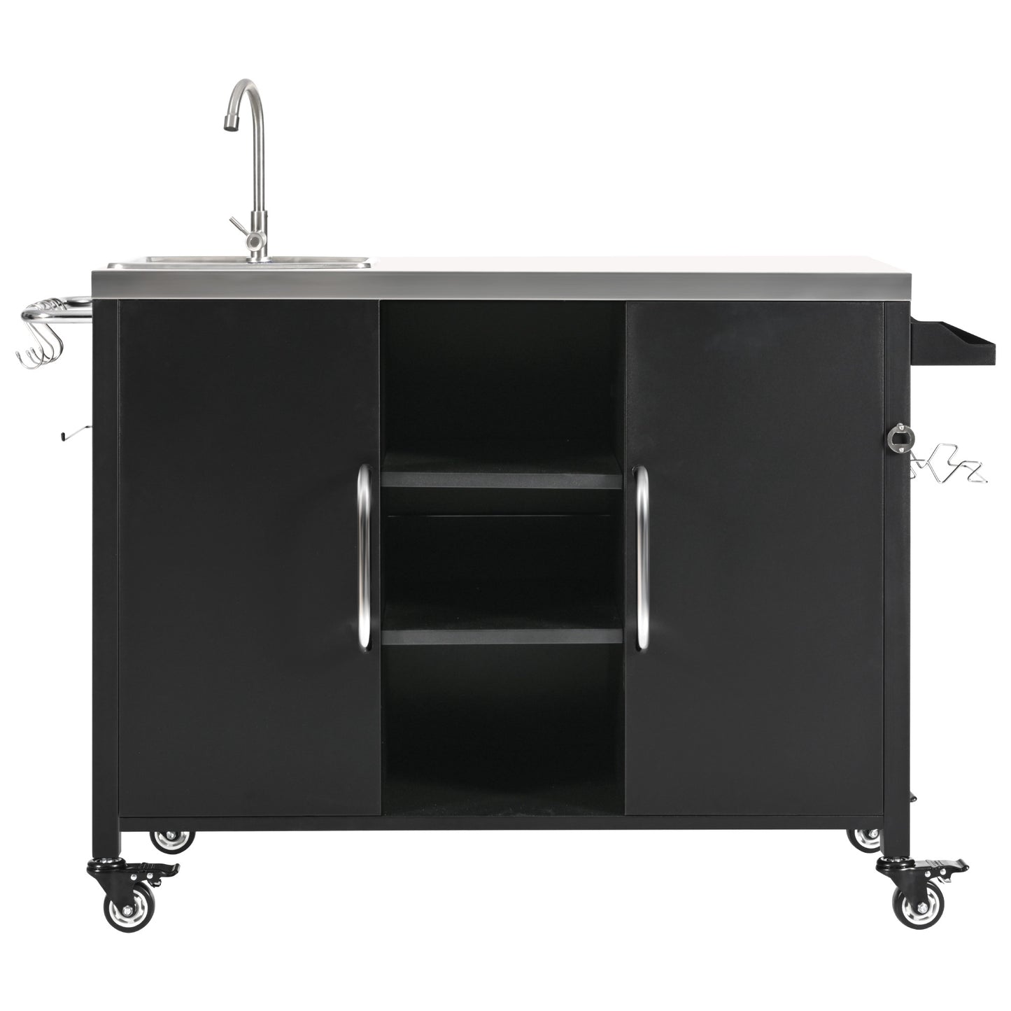 55.5" Outdoor Kitchen Island with Sink, Metal Grill Cart Table with 304 Stainless Steel Sink, Outdoor Bar Cart Sink Station with 4 Lockable Wheels for Pizza Prep & BBQ, L 55.5" x W 20" H 36.7