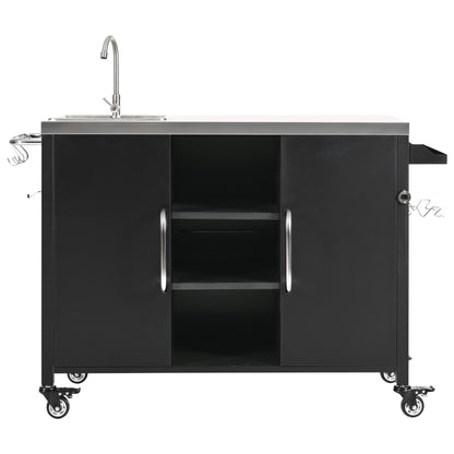55.5" Outdoor Kitchen Island with Sink, Metal Grill Cart Table with 304 Stainless Steel Sink, Outdoor Bar Cart Sink Station with 4 Lockable Wheels for Pizza Prep & BBQ, L 55.5" x W 20" H 36.7