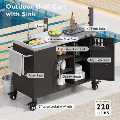 55.5" Outdoor Kitchen Island with Sink, Metal Grill Cart Table with 304 Stainless Steel Sink, Outdoor Bar Cart Sink Station with 4 Lockable Wheels for Pizza Prep & BBQ, L 55.5" x W 20" H 36.7