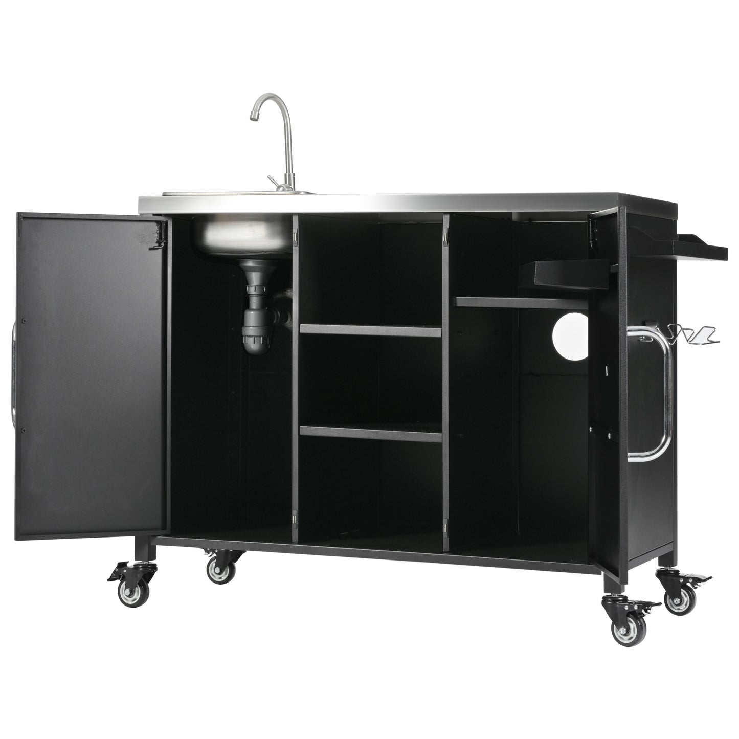 55.5" Outdoor Kitchen Island with Sink, Metal Grill Cart Table with 304 Stainless Steel Sink, Outdoor Bar Cart Sink Station with 4 Lockable Wheels for Pizza Prep & BBQ, L 55.5" x W 20" H 36.7