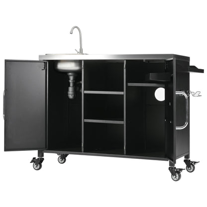 55.5" Outdoor Kitchen Island with Sink, Metal Grill Cart Table with 304 Stainless Steel Sink, Outdoor Bar Cart Sink Station with 4 Lockable Wheels for Pizza Prep & BBQ, L 55.5" x W 20" H 36.7