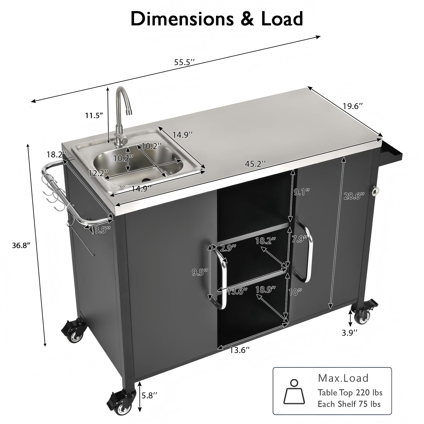 55.5" Outdoor Kitchen Island with Sink, Metal Grill Cart Table with 304 Stainless Steel Sink, Outdoor Bar Cart Sink Station with 4 Lockable Wheels for Pizza Prep & BBQ, L 55.5" x W 20" H 36.7