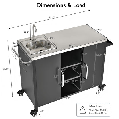 55.5" Outdoor Kitchen Island with Sink, Metal Grill Cart Table with 304 Stainless Steel Sink, Outdoor Bar Cart Sink Station with 4 Lockable Wheels for Pizza Prep & BBQ, L 55.5" x W 20" H 36.7