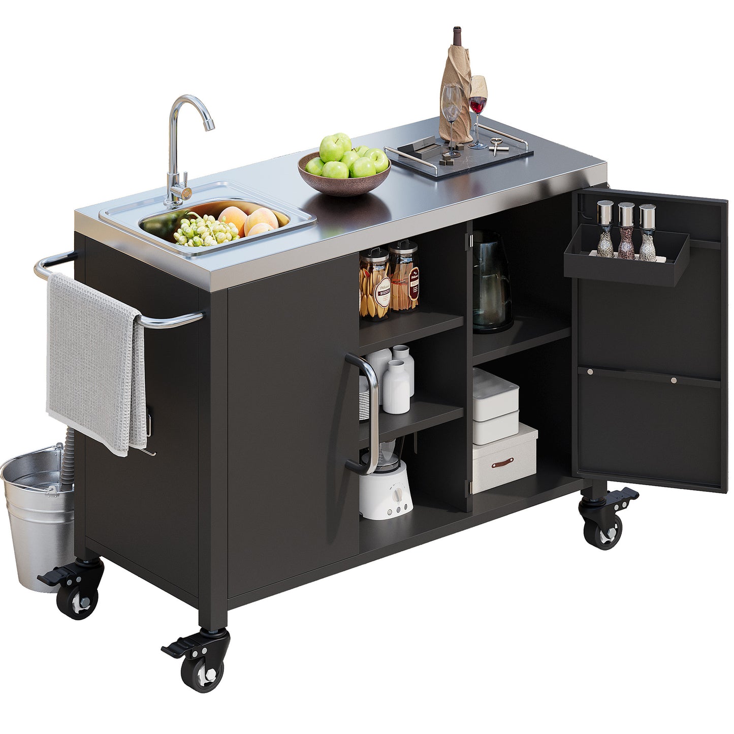 55.5" Outdoor Kitchen Island with Sink, Metal Grill Cart Table with 304 Stainless Steel Sink, Outdoor Bar Cart Sink Station with 4 Lockable Wheels for Pizza Prep & BBQ, L 55.5" x W 20" H 36.7