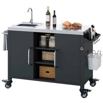 55.5" Outdoor Kitchen Island with Sink, Metal Grill Cart Table with 304 Stainless Steel Sink, Outdoor Bar Cart Sink Station with 4 Lockable Wheels for Pizza Prep & BBQ, L 55.5" x W 20" H 36.7