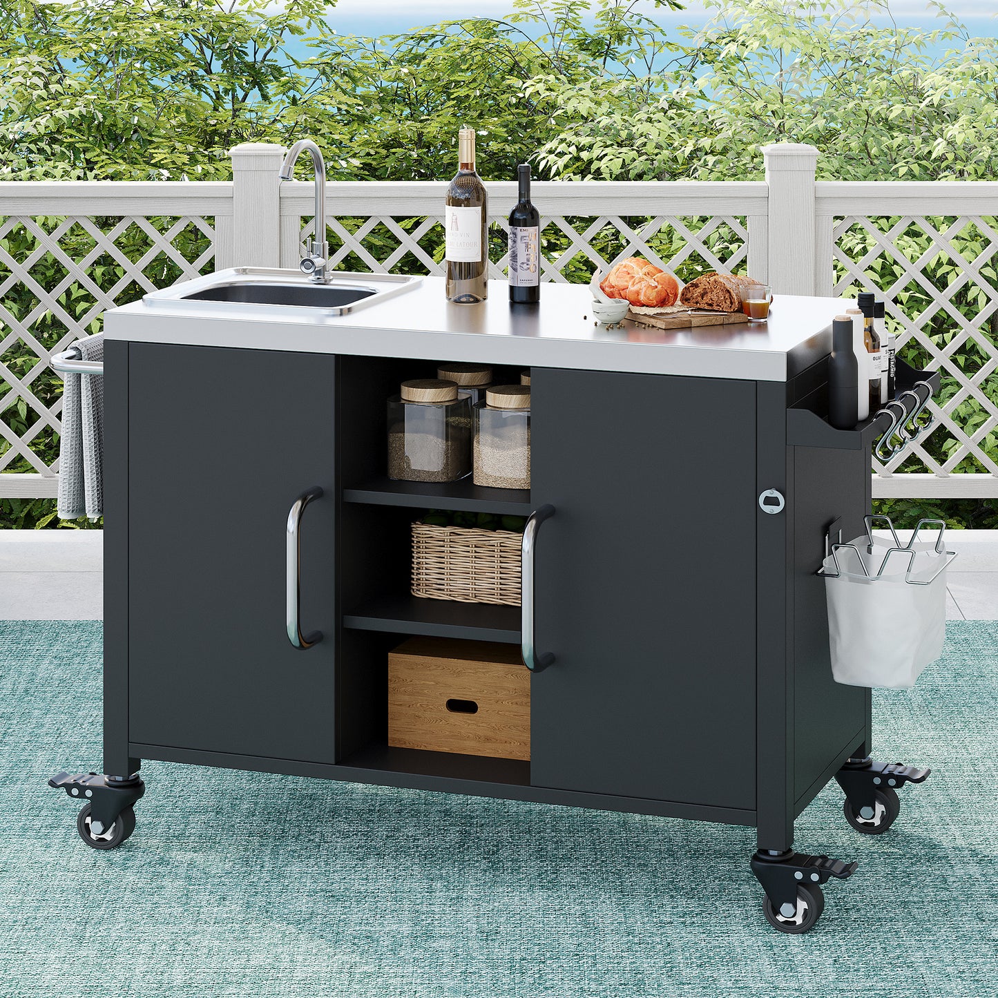 55.5" Outdoor Kitchen Island with Sink, Metal Grill Cart Table with 304 Stainless Steel Sink, Outdoor Bar Cart Sink Station with 4 Lockable Wheels for Pizza Prep & BBQ, L 55.5" x W 20" H 36.7