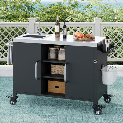 55.5" Outdoor Kitchen Island with Sink, Metal Grill Cart Table with 304 Stainless Steel Sink, Outdoor Bar Cart Sink Station with 4 Lockable Wheels for Pizza Prep & BBQ, L 55.5" x W 20" H 36.7