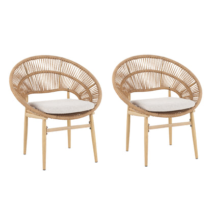 Outdoor Wicker Papasan Style Dining Chair, Teak Finished Leg and Light Brown Faux Rattan, Beige Cushion, Set of 2