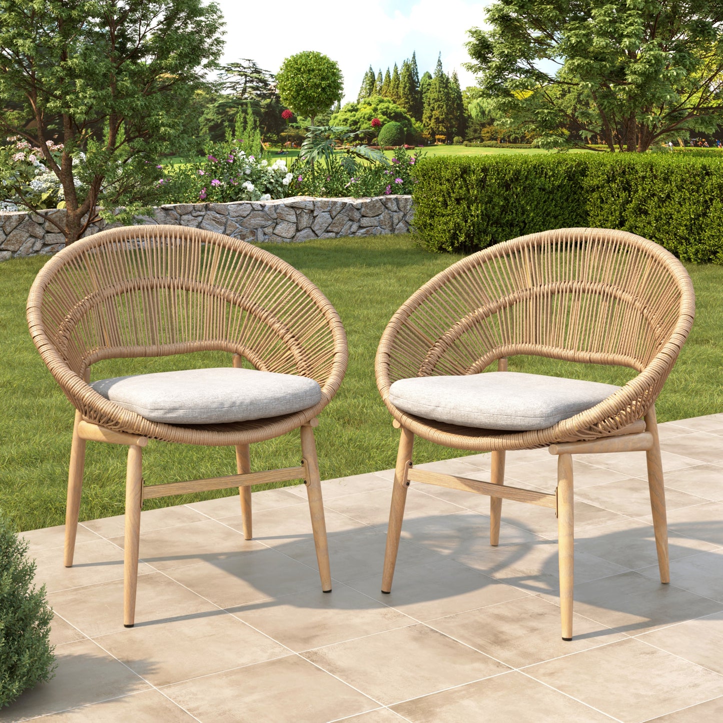 Outdoor Wicker Papasan Style Dining Chair, Teak Finished Leg and Light Brown Faux Rattan, Beige Cushion, Set of 2