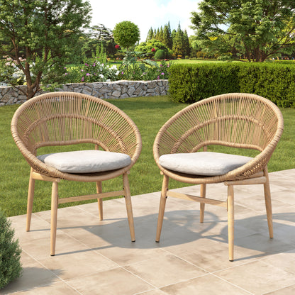 Outdoor Wicker Papasan Style Dining Chair, Teak Finished Leg and Light Brown Faux Rattan, Beige Cushion, Set of 2