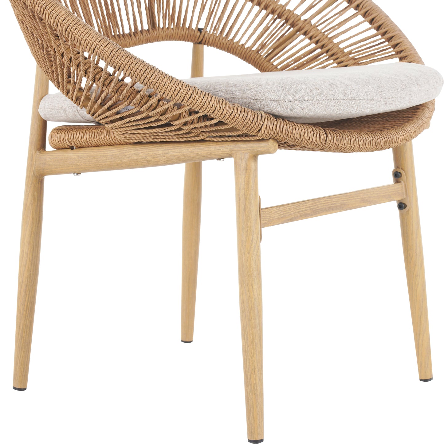 Outdoor Wicker Papasan Style Dining Chair, Teak Finished Leg and Light Brown Faux Rattan, Beige Cushion, Set of 2