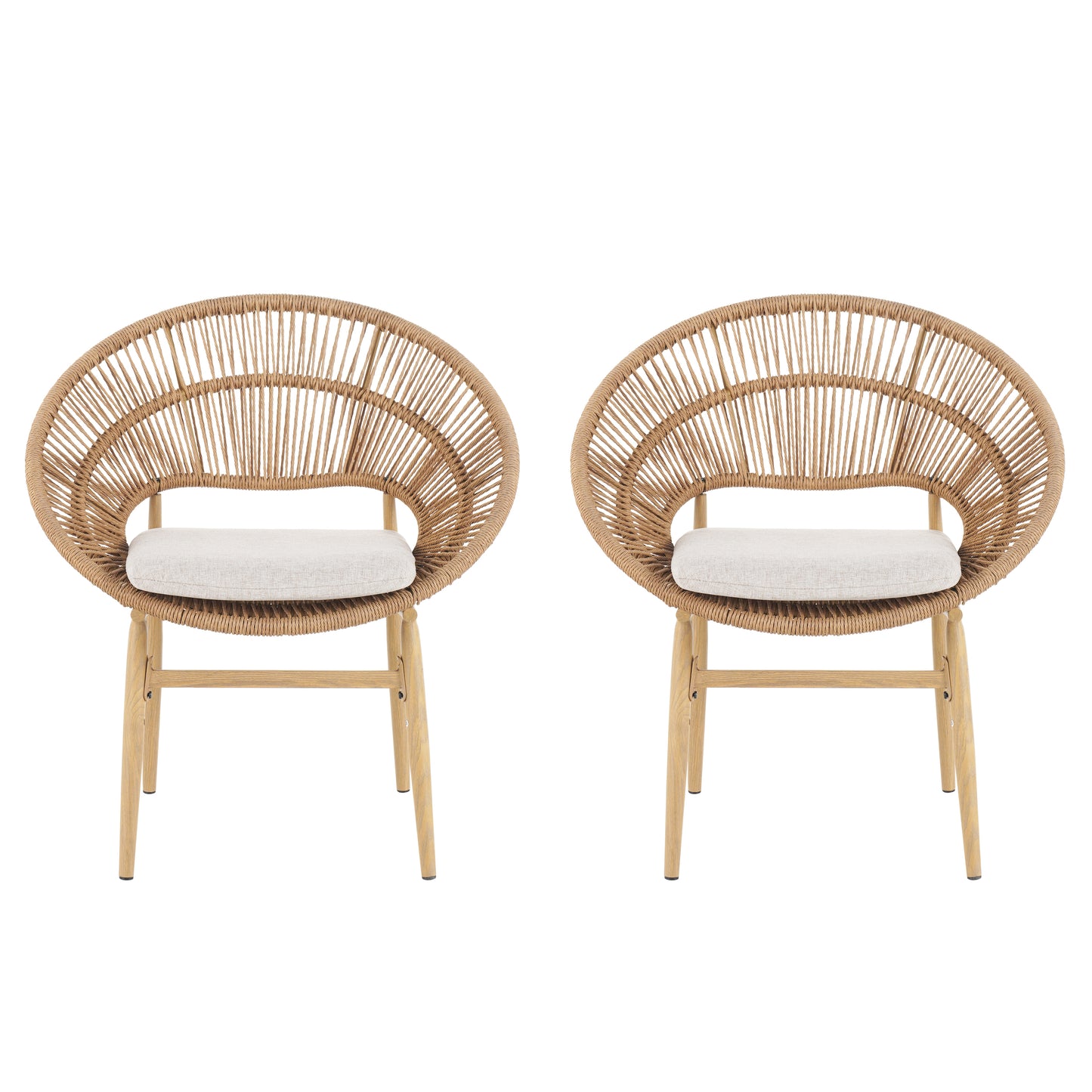 Outdoor Wicker Papasan Style Dining Chair, Teak Finished Leg and Light Brown Faux Rattan, Beige Cushion, Set of 2