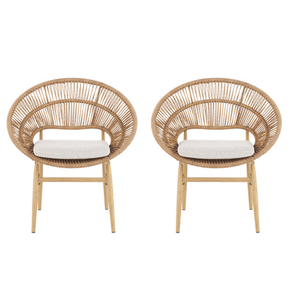 Outdoor Wicker Papasan Style Dining Chair, Teak Finished Leg and Light Brown Faux Rattan, Beige Cushion, Set of 2