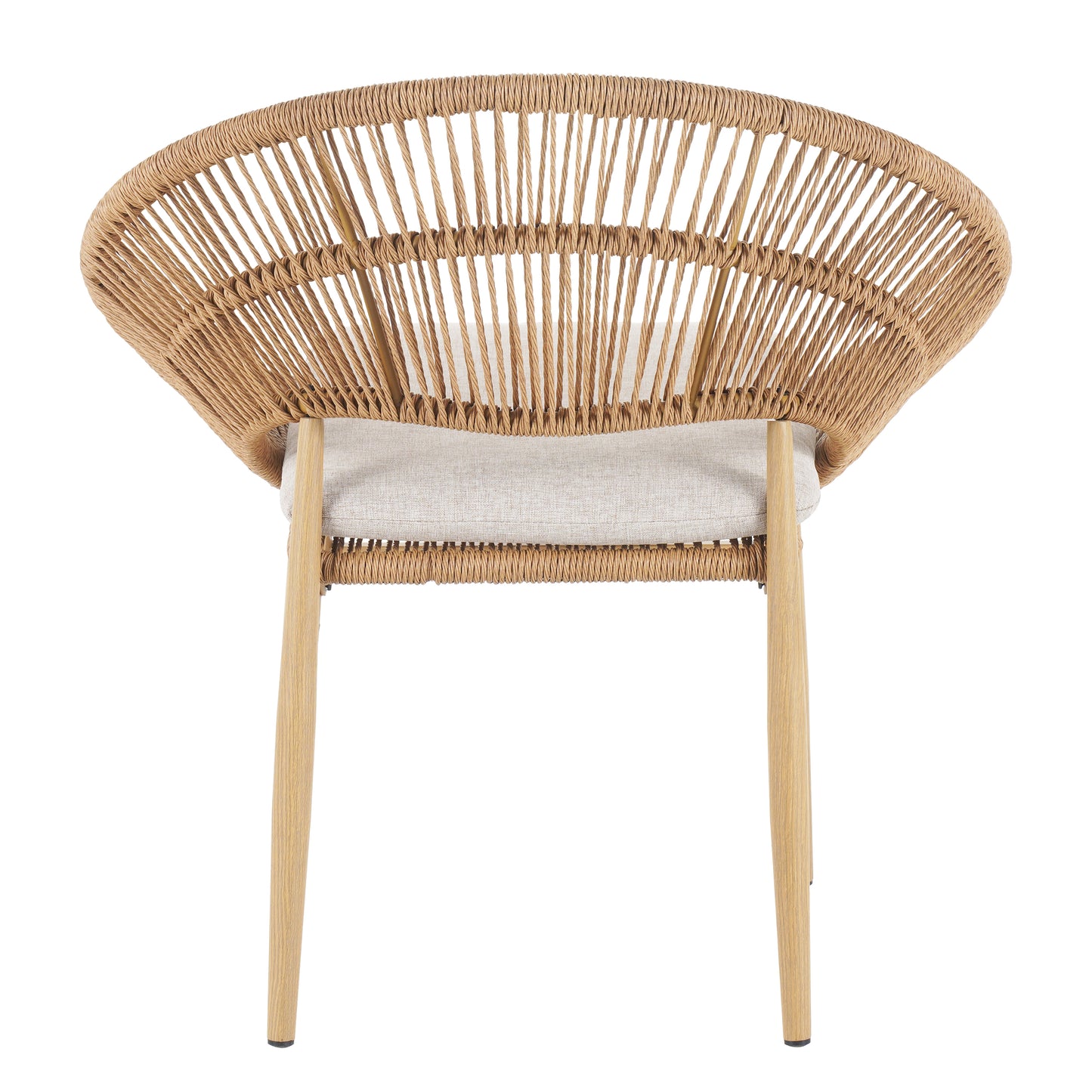 Outdoor Wicker Papasan Style Dining Chair, Teak Finished Leg and Light Brown Faux Rattan, Beige Cushion, Set of 2