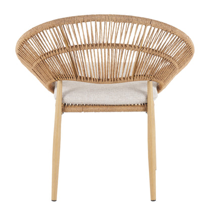 Outdoor Wicker Papasan Style Dining Chair, Teak Finished Leg and Light Brown Faux Rattan, Beige Cushion, Set of 2