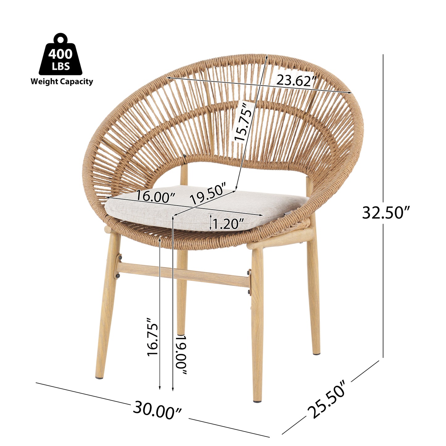 Outdoor Wicker Papasan Style Dining Chair, Teak Finished Leg and Light Brown Faux Rattan, Beige Cushion, Set of 2