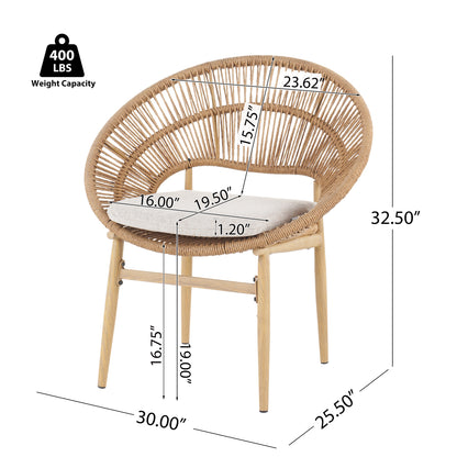 Outdoor Wicker Papasan Style Dining Chair, Teak Finished Leg and Light Brown Faux Rattan, Beige Cushion, Set of 2