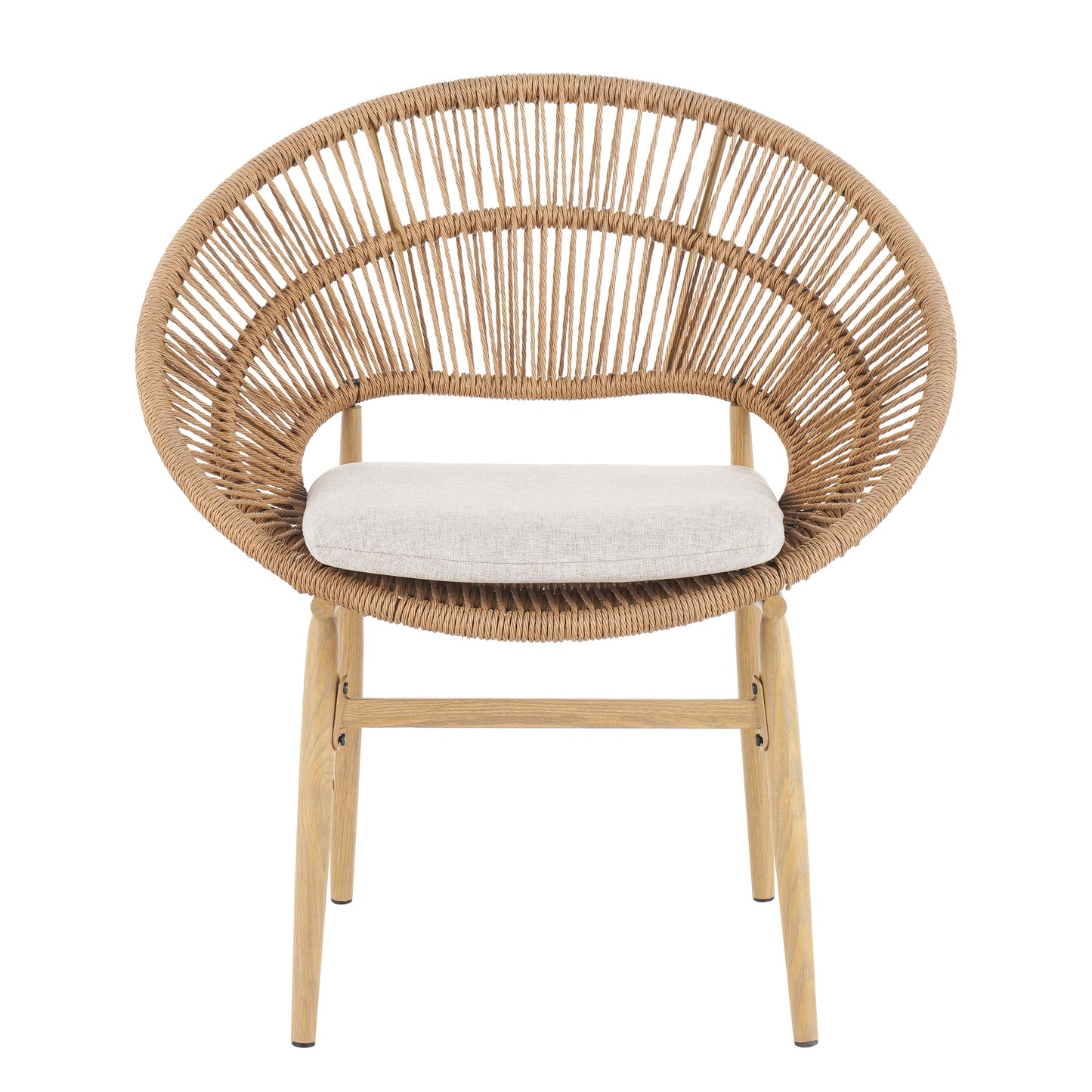 Outdoor Wicker Papasan Style Dining Chair, Teak Finished Leg and Light Brown Faux Rattan, Beige Cushion, Set of 2