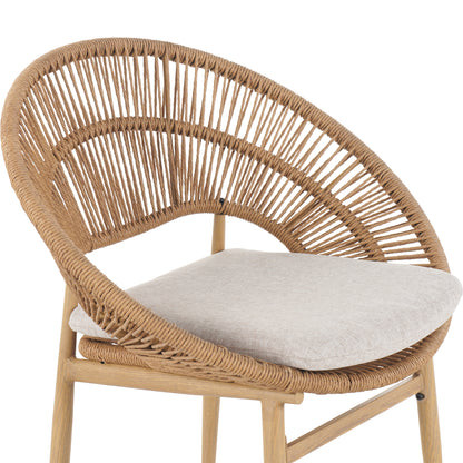Outdoor Wicker Papasan Style Dining Chair, Teak Finished Leg and Light Brown Faux Rattan, Beige Cushion, Set of 2