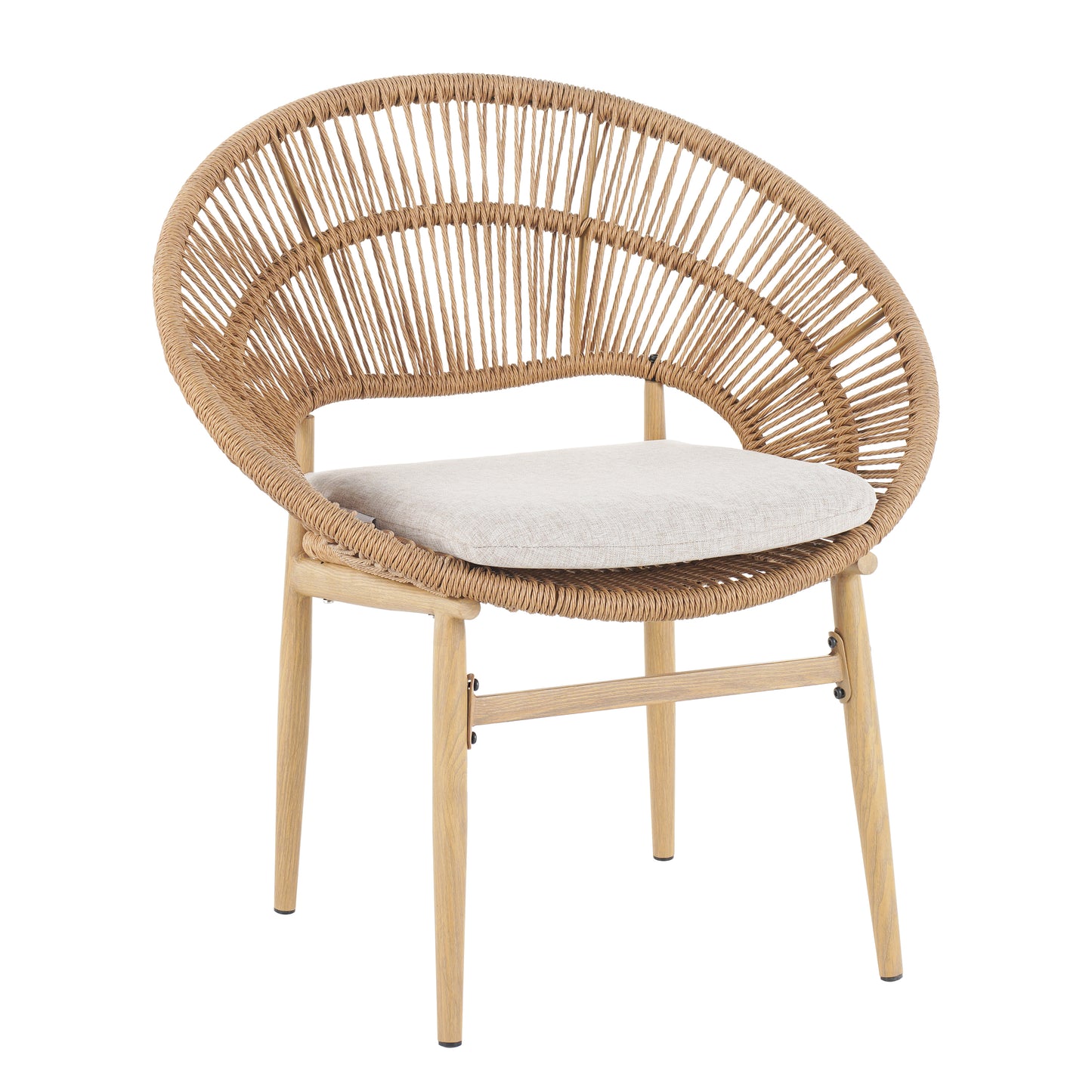 Outdoor Wicker Papasan Style Dining Chair, Teak Finished Leg and Light Brown Faux Rattan, Beige Cushion, Set of 2