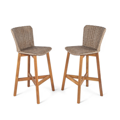 Outdoor Bar Stool, Teak Finished Wood with Light Brown Wicker, Set of 2