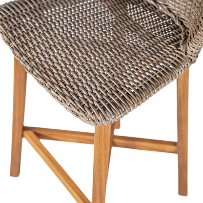 Outdoor Bar Stool, Teak Finished Wood with Light Brown Wicker, Set of 2