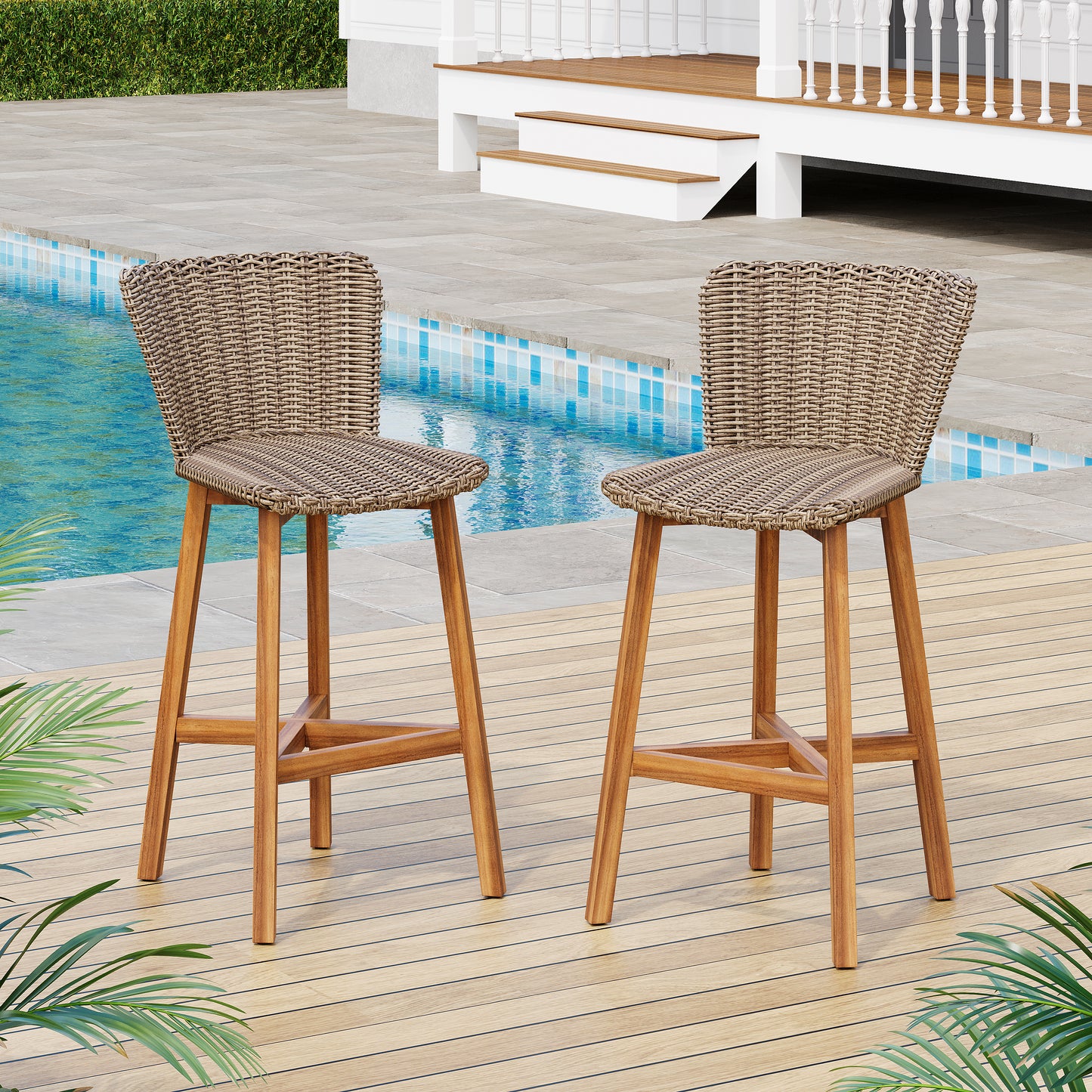 Outdoor Bar Stool, Teak Finished Wood with Light Brown Wicker, Set of 2