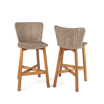 Outdoor Bar Stool, Teak Finished Wood with Light Brown Wicker, Set of 2