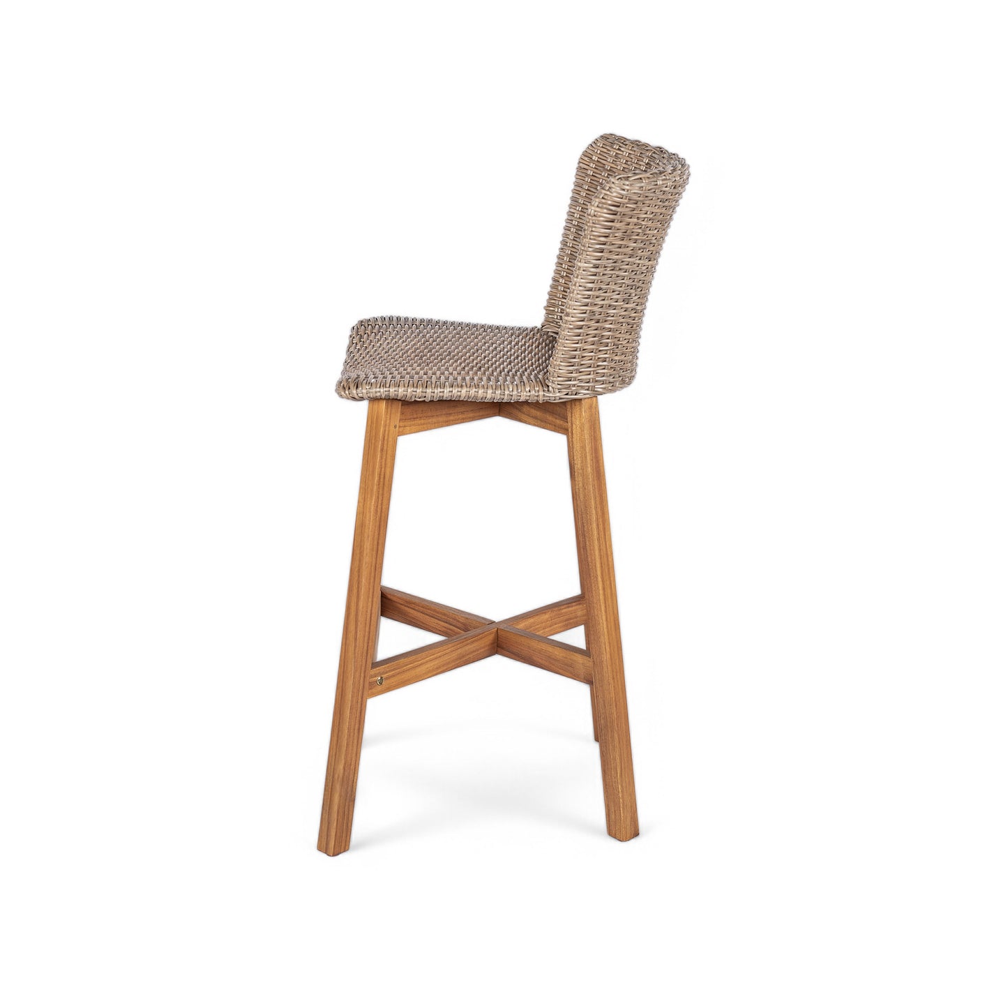 Outdoor Bar Stool, Teak Finished Wood with Light Brown Wicker, Set of 2