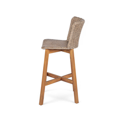 Outdoor Bar Stool, Teak Finished Wood with Light Brown Wicker, Set of 2