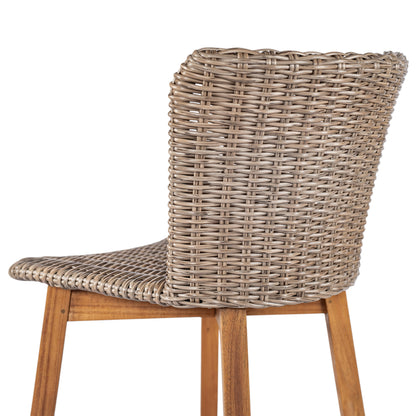 Outdoor Bar Stool, Teak Finished Wood with Light Brown Wicker, Set of 2
