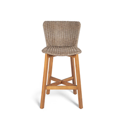 Outdoor Bar Stool, Teak Finished Wood with Light Brown Wicker, Set of 2
