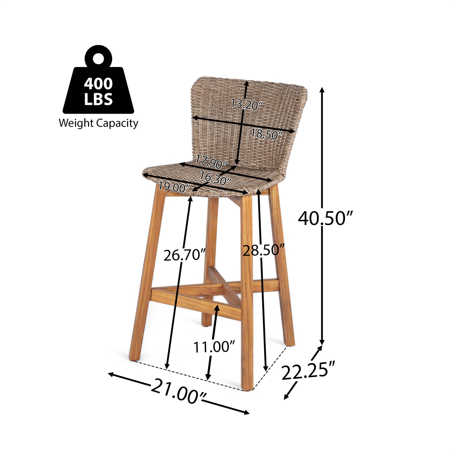 Outdoor Bar Stool, Teak Finished Wood with Light Brown Wicker, Set of 2
