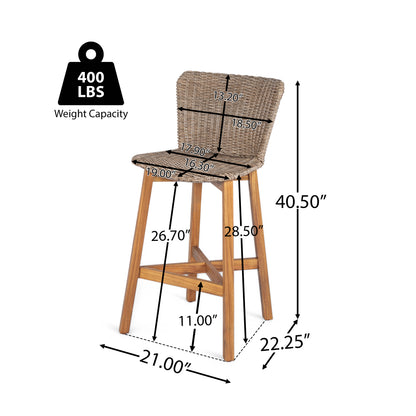 Outdoor Bar Stool, Teak Finished Wood with Light Brown Wicker, Set of 2