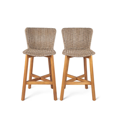 Outdoor Bar Stool, Teak Finished Wood with Light Brown Wicker, Set of 2